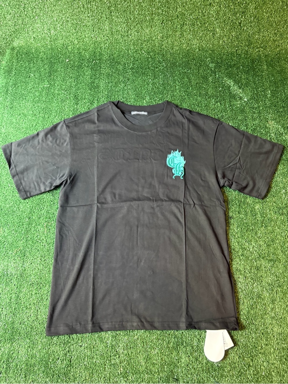 Men's Black Short-Sleeve Tee with Teal Crest Logo
